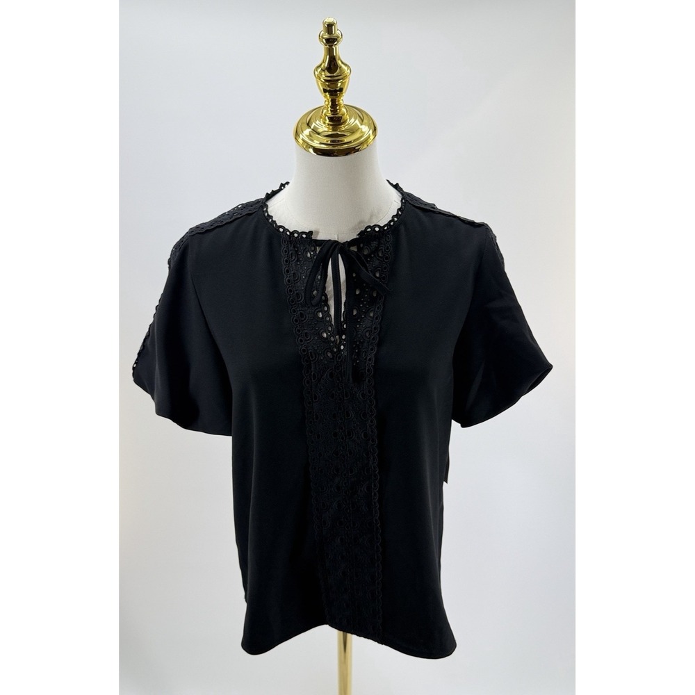 CeCe Women's Eyelet Trim Placket Split Neck Puff Sleeve Blouse Black Small S